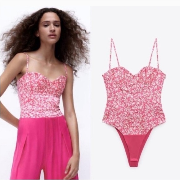 Zara Pink white Floral Bodysuit size large Adjustable straps snap bottom - Picture 1 of 7